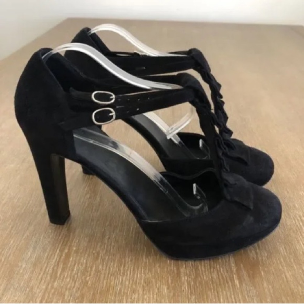 J. Crew Mary Jane Heels US 9 Suede Pleated Ruffle Pumps Made In Italy Black